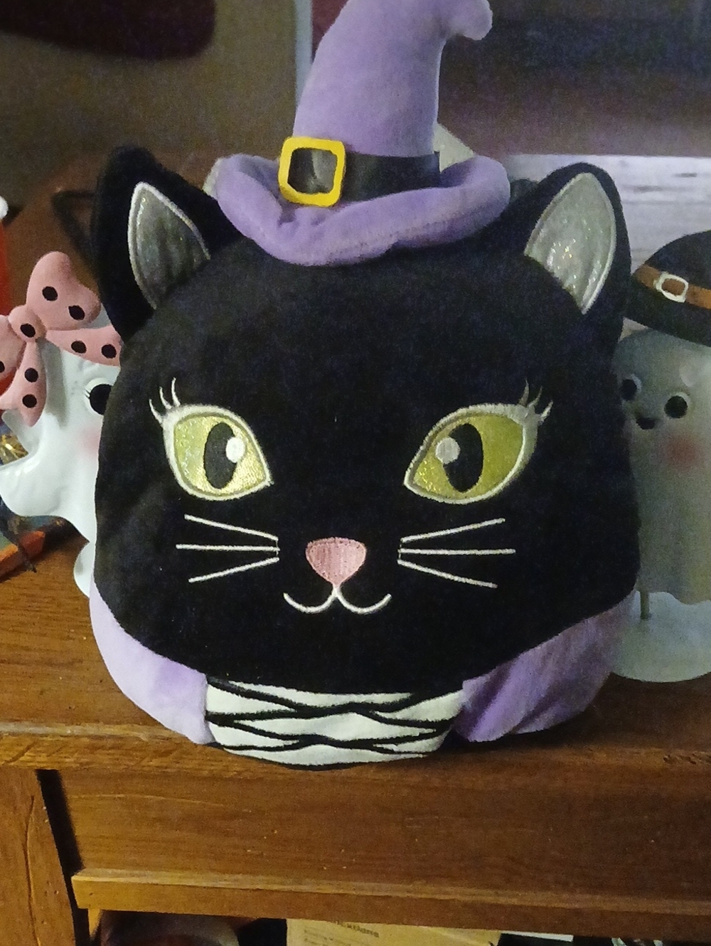 Black & Purple Cat Plush Pillow - Cute Witch Hat Design